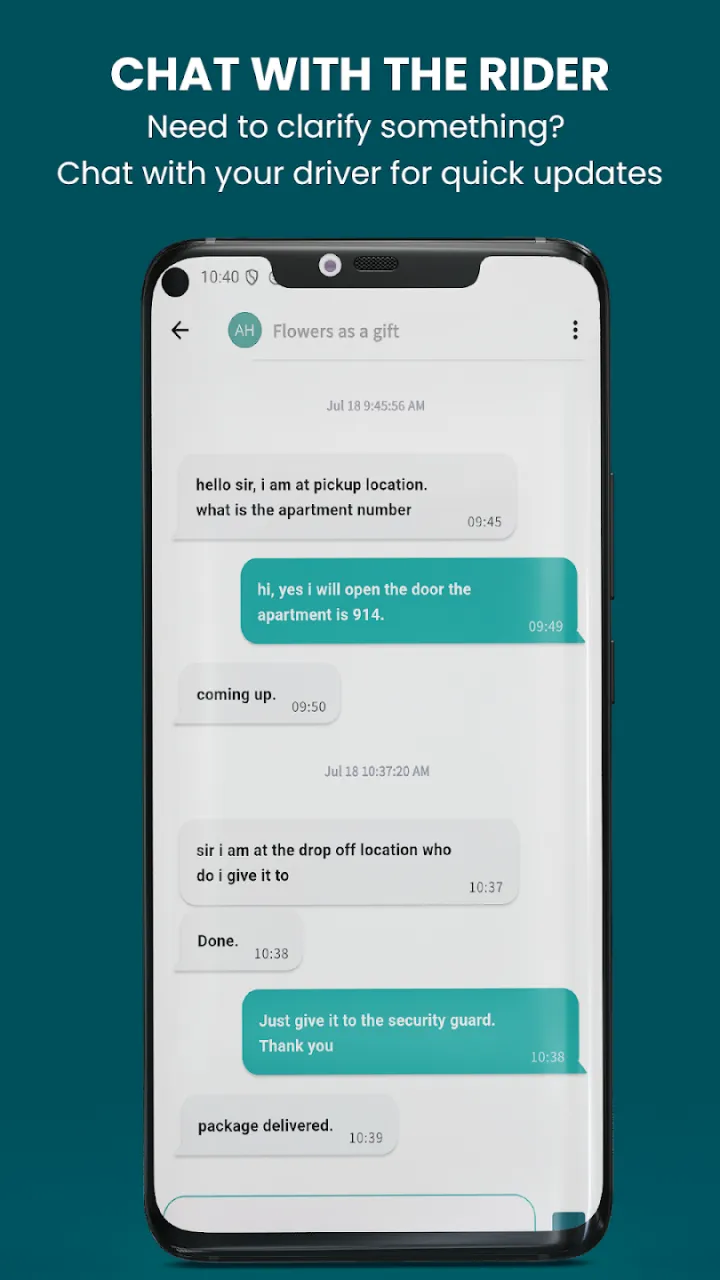 In-app chat between a customer and a driver about a delivery.