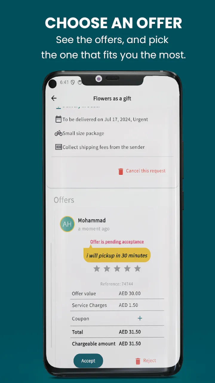 Customer view of a driver offer showing offer value, service charge, total and Accept and Reject buttons.