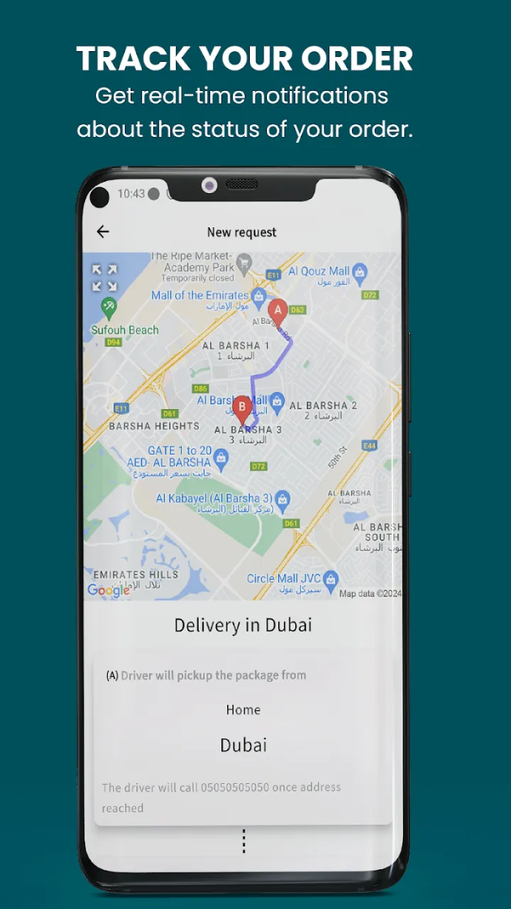 Order tracking screen with a route map between pickup and drop-off points and delivery details below.