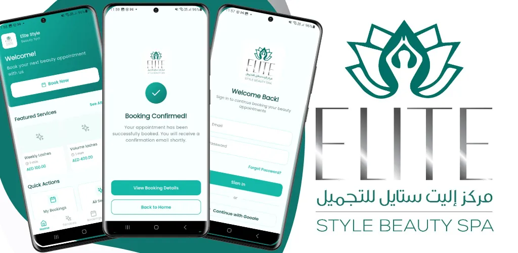 Three phone screens from the Elite Style app: home with a Book Now button, a booking confirmation and a sign-in screen, beside the salon logo.