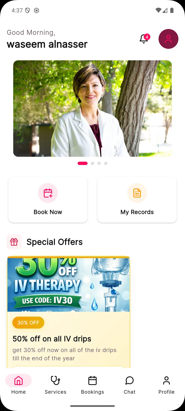 Rapid Medics app home screen with Book Now and My Records actions and a special offers card.