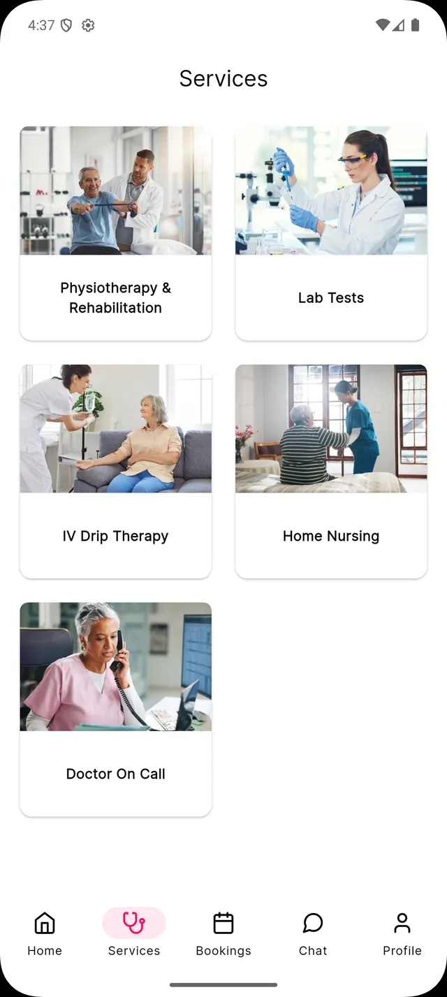 Rapid Medics services screen listing physiotherapy, lab tests, IV drip therapy, home nursing and doctor on call.