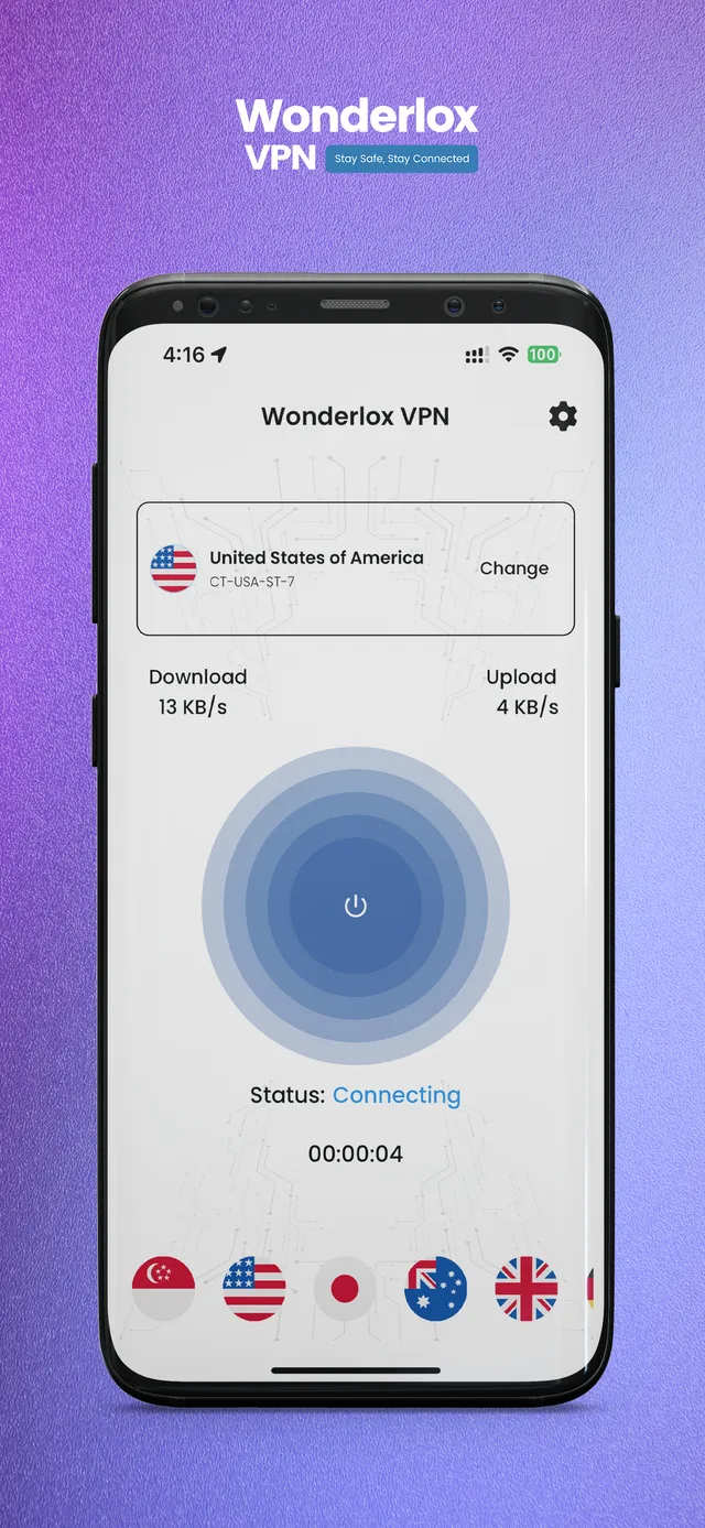 VPN app main screen showing the selected country, download and upload speeds, a connect button and connection status.